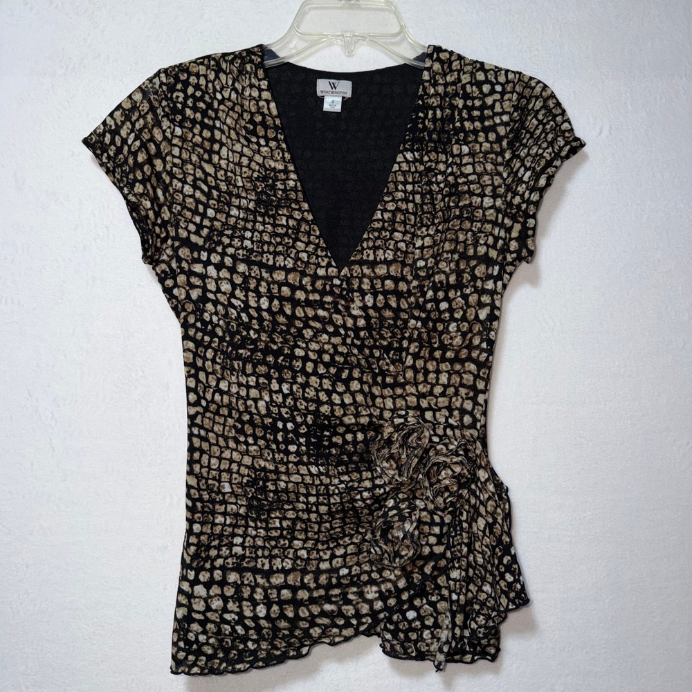 Worthington Womens Small Brown Snakeskin Print Ruffle V-Neck Mesh Blouse Top